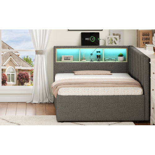 3ft Single Daybed With Two Storage Drawers, LED Modern Bed Frame With Charging Station, Linen Sofa Bed For Living Room Bedroom Study Room, 90X190cm, Easy Assembly, Grey