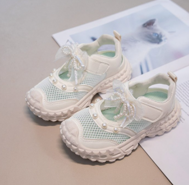 2026 New Summer Girls Hollow Single Mesh Sports Sandals, Fashion Versatile Dad Sneakers With Pearl Bow Decor Breathable Mesh Casual Shoes