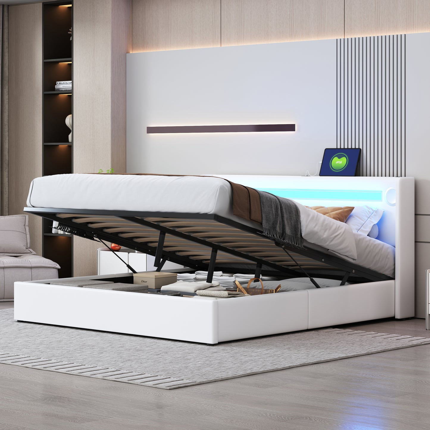 Upholstered Bed 160x200 Bed With LED Light Strip, Bluetooth Player And USB Charging, Storage Bed Made Of PU Leather, Loft Bed Box, Double Bed With Slatted Base White