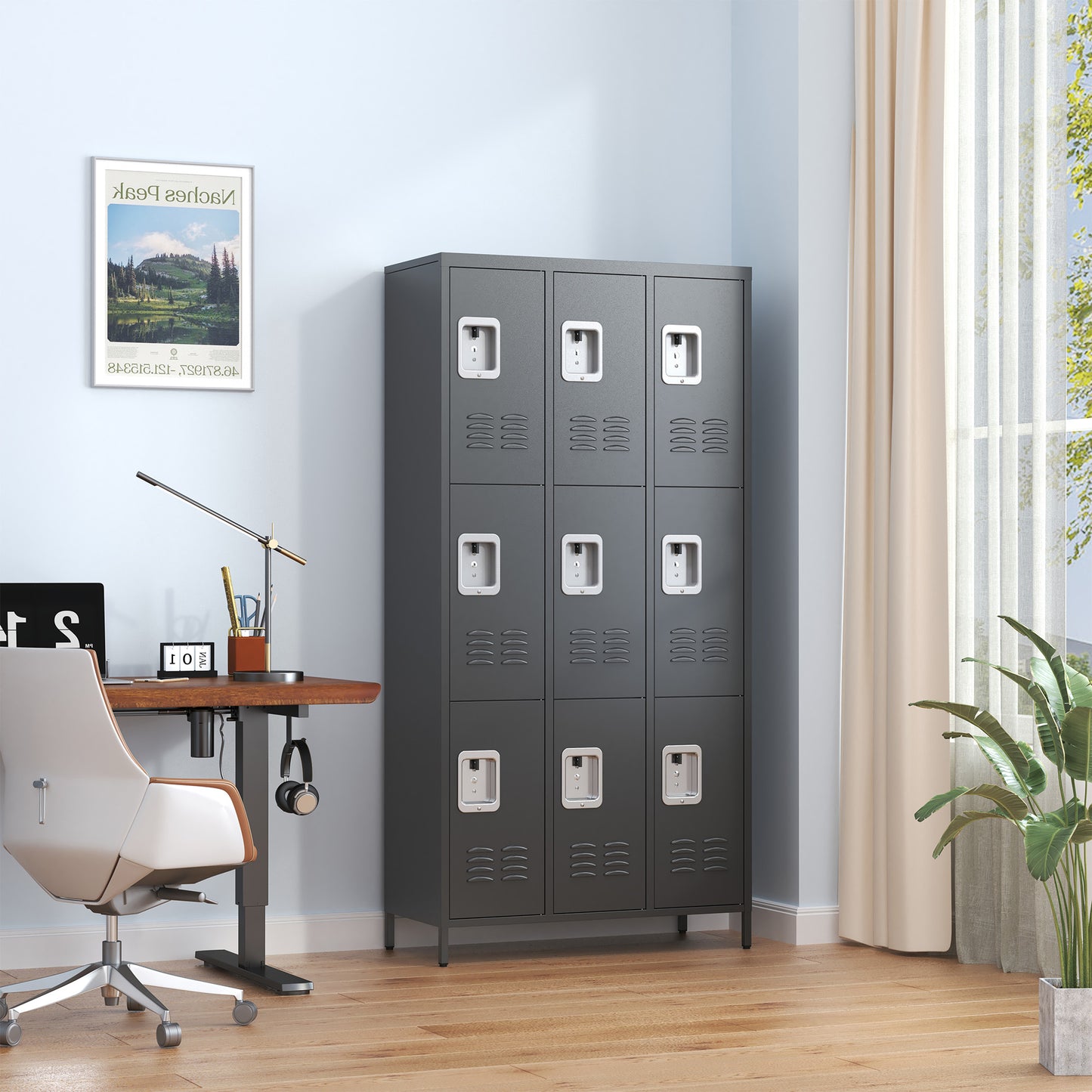 9 Door 72 H Metal Lockers With Lock For Employees,School,Office,Gym,Bedroom,Storage Locker Cabinet,Gray,Assembly Required,Black