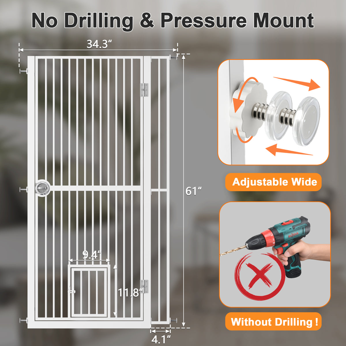 61 Extra Tall Cat Gate For Doorway , Adjustable Wide 34.3 -36.7 And Included 4.13 Extension Kits, Suitable For Doorways Or Kitchen, No Drilling Pressure Mount Kit, White