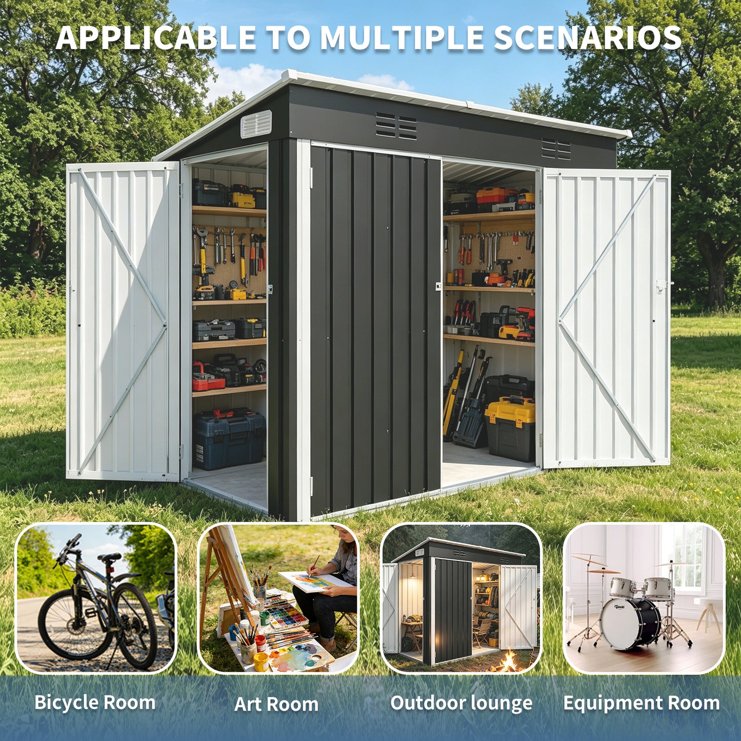 4 X 8 FT Galvanized Steel Outdoor Storage Shed With 3 Access Doors, Ventilated Weatherproof Metal Utility Shed For Garden Tools, Bikes & Patio Equipment,Black 3.58x7.41 Ft