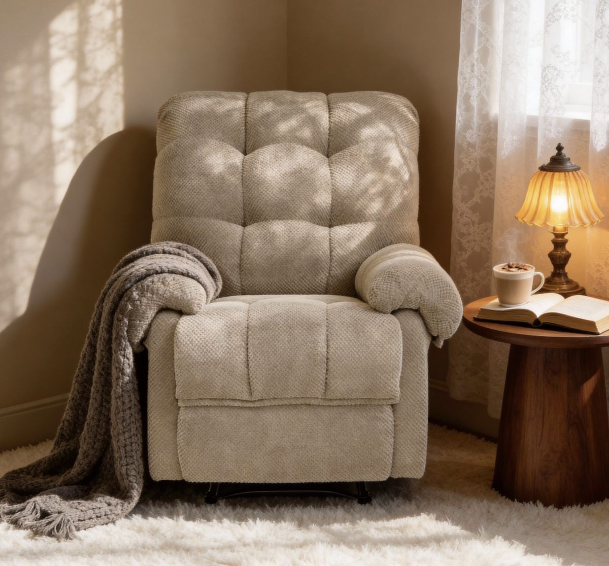 Camel Recliner Chair, Overstuffed Armchair, Manual Recliner, Living Room Seating, Reading Chair, Padded Footrest, Home Theater Seating, Ergonomic Lounge Chair, Soft Fabric Recliner, Furniture.