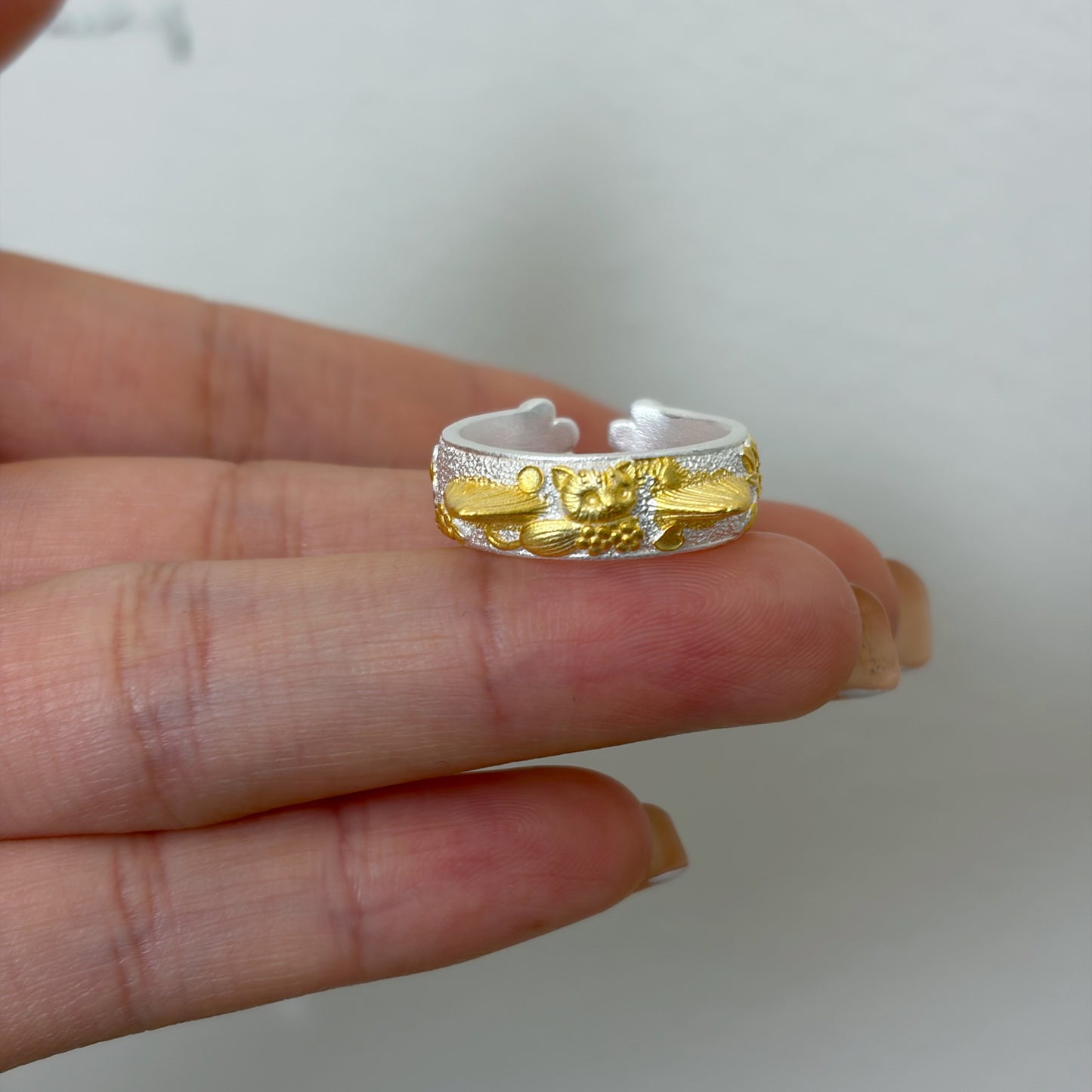 1pcs 999 Sterling Silver Gold-Plated Cat Open Ring, Cute Dainty Style, For Daily Wear & Casual Office Outfits