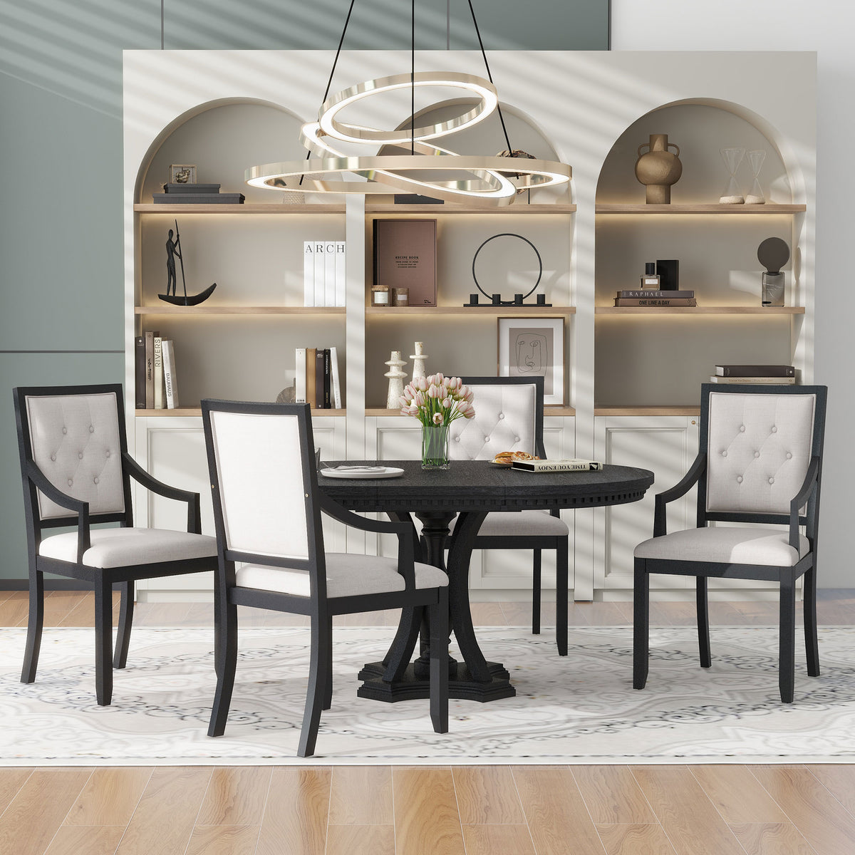 TREXM Retro 5-piece Dining Set Extendable Round Table And 4 Chairs For Kitchen Dining Room BLACK OAK