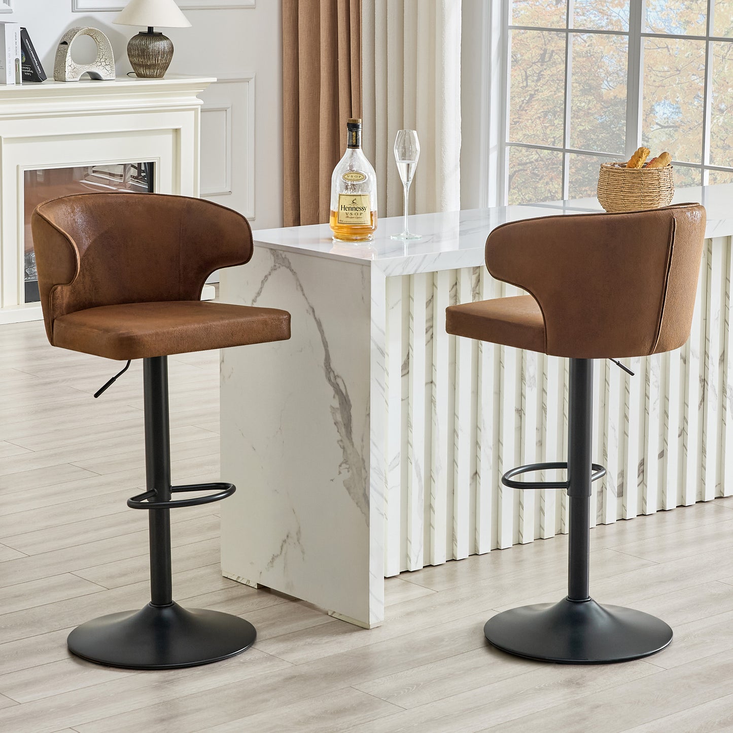 Modern Rotating Adjustable Bar Chair, Suede With Backrest Swivel Chair, Suitable For Kitchen Bar And Dining Room, Height Adjustable, Load-bearing Up To 300 Pounds Brown -2 Pieces