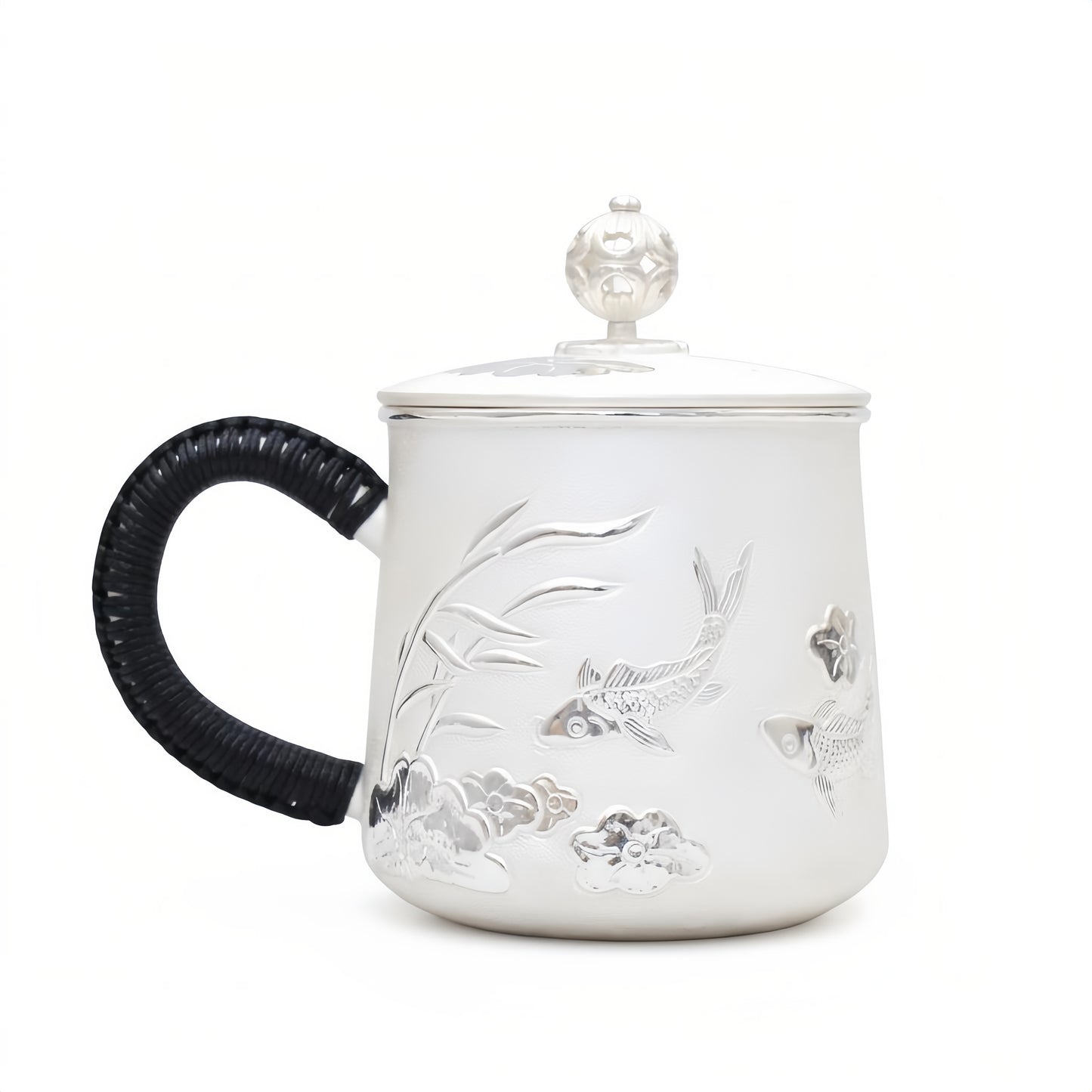 Pure 999 Fine Silver Elegant Ceramic Tea Cup with Fish and Floral Design-Premium Tea Mug - Handicraft