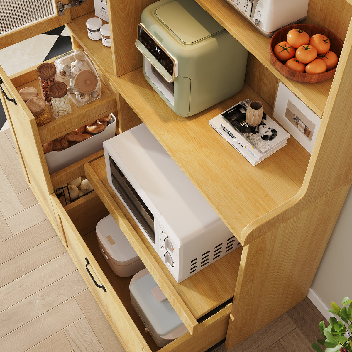 Highboard With Adjustable Shelves And Drawers, Kitchen Cabinet With Pull-out Shelves And Checker Glass, Ideal For Dining Room, Living Room And Kitchen Natural