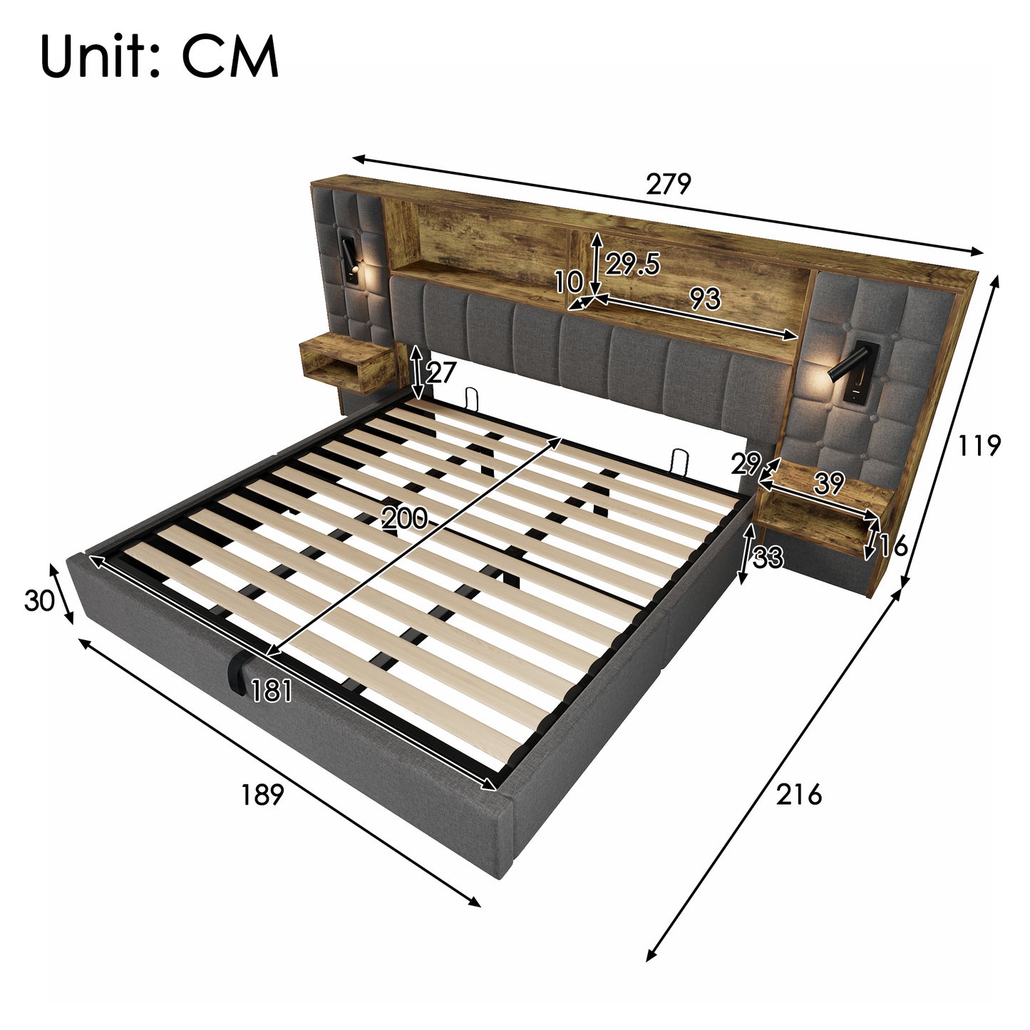 Upholstered Bed 180x200 With Storage Space, Grey System Bed, LED Lighting & 2 Reading Lamps, 2 Integrated Bedside Tables, USB Type-C Charging Port, Linen Fabric, Including Slatted Frame, Without Mattr