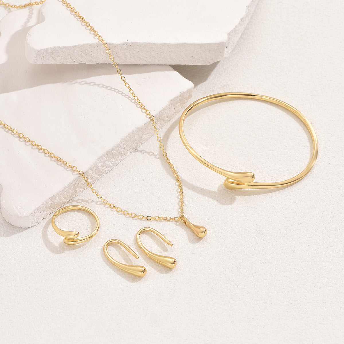 Minimalist Dainty Korean Style Jewelry Set For Women, Teardrop Design Earrings Necklace Adjustable Open Ring & Bangle, Versatile Daily Fashion Jewelry