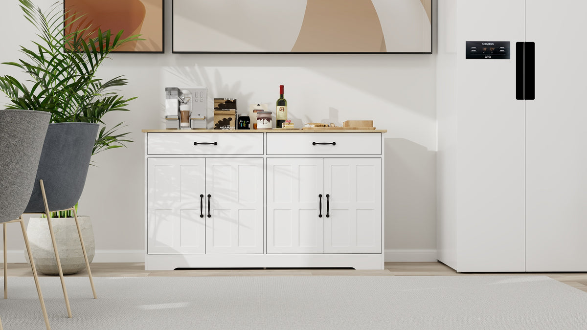 55.91 Large Farmhouse Buffet Cabinet Storage Sideboard With 2 Drawers And 4 Doors For Dining Living Room Kitchen Cupboard-White