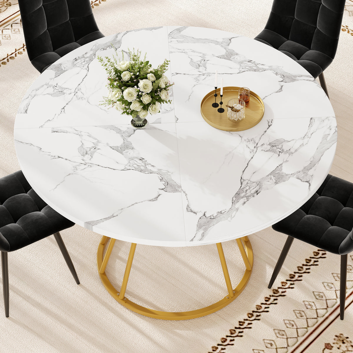 Round Dining Table 1 Piece Kitchen Table Breakfast Table Metal Legs Marble Pattern Gold Black