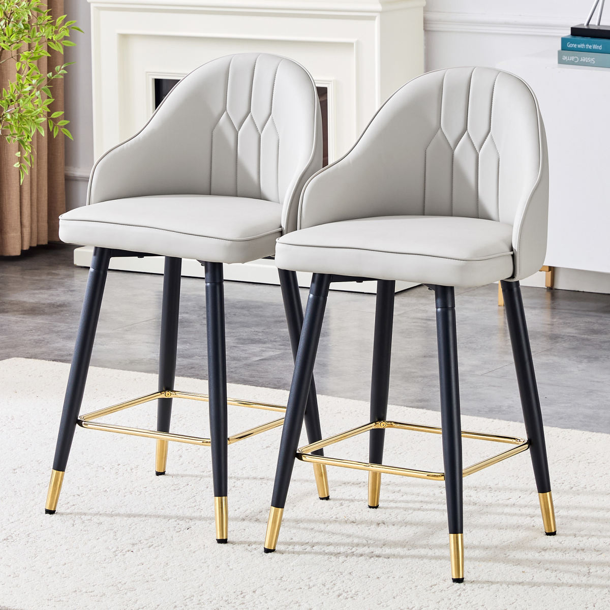 Set Of 2 Light Gray PU Leather Bar Stools 37.7 High, 25 Seat Height, Gold Accent Footrest, Ideal For Kitchen Island, Home Bar & Dining Area, Available In Black, White & Dark Gray Splicing Colors.