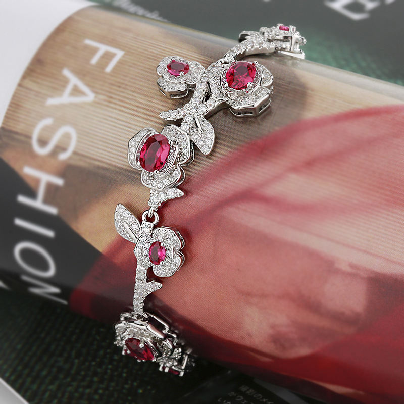 Heavy Craft Floral Bracelet For Women, Scarlet Tone Simulated Zirconia Full Pave Rhinestone Hollow Silver Tone Hand Jewelry Light Luxury Sweet Daily Accessories