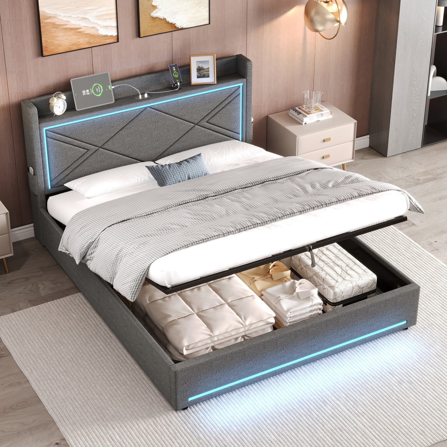 4ft6 Double Upholstered Bed Frame With Hydraulic Storage, Linen Ottoman Bed With LED Lighting And Charging Station, USB And Type - C Ports, No Box Spring Needed, Grey No Mattress
