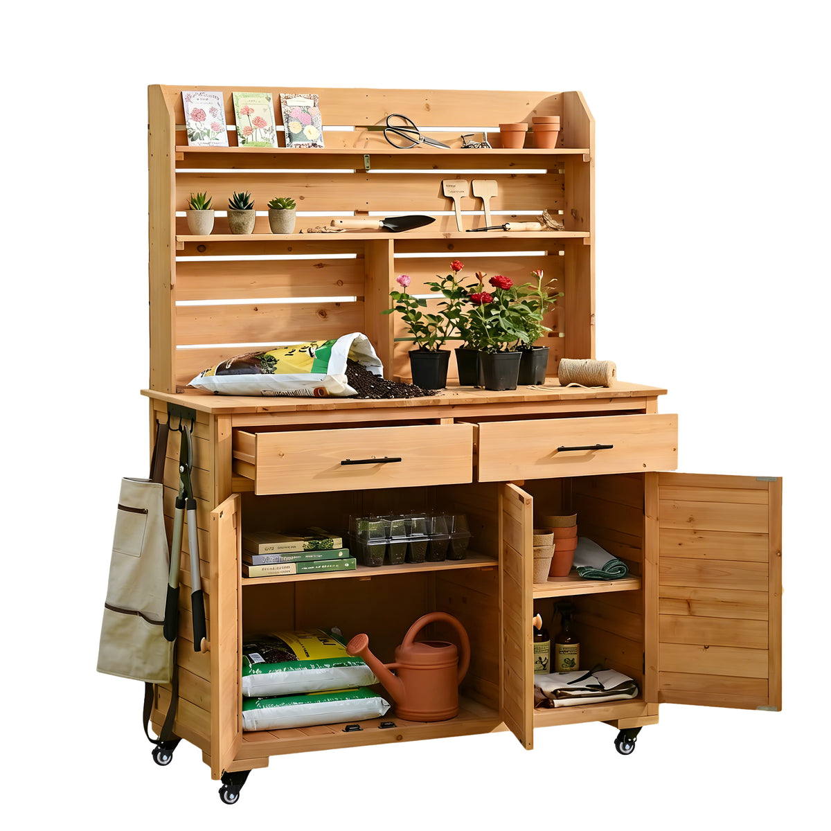 Assembly Video- TOPMAx 65 H Large Garden Potting Bench With Lockable Wheel And Storage Cabinet Wood Outdoor Kitchen Island Prep Cart With Hutch Top Drawers And Removal Shelves For Grilling Natural