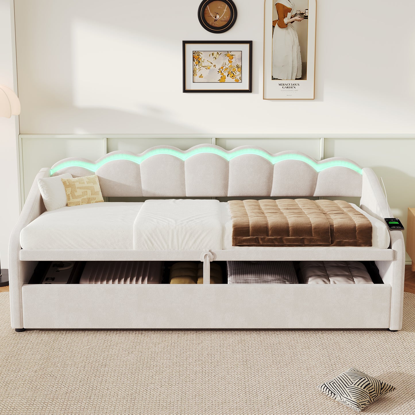 Upholstered Bed 90x190cm, Daybed, RGB LED Sofa Bed With Charging Station, 3ft Petal Shape Single Bed With Hydraulic Storage For Living Room Bedroom Study Room, Velvet, Beige No Mattress
