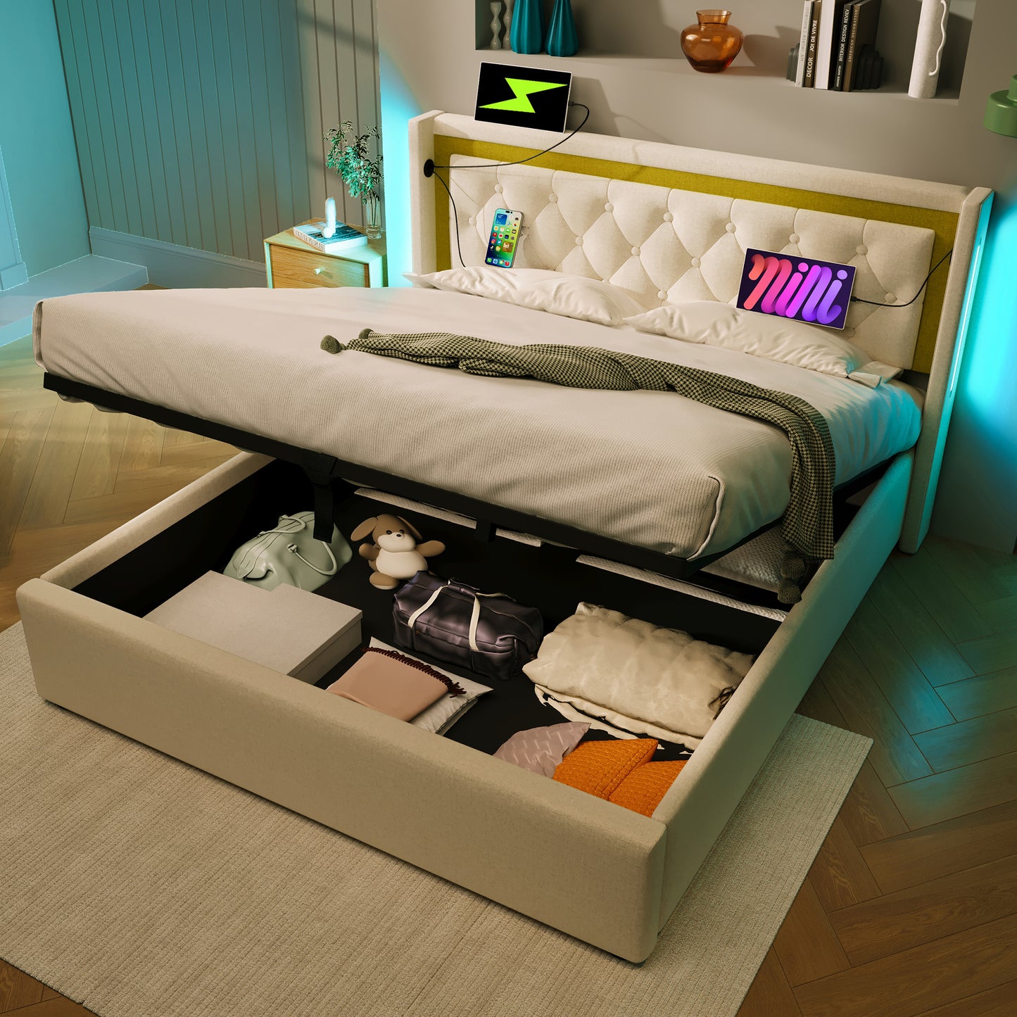 Upholstered Bed LED Double Bed Storage Bed Box With USB Type C Charging Function Headboard,Storage Beds Cotton Bed Frame Youth Bed 160x200 With Slatted Base Without Mattress
