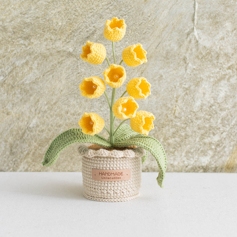 Hand Crocheted Lily Of The Valley Artificial Flowers Potted Arrangement Decor For Indoor Table Living Room Bedroom