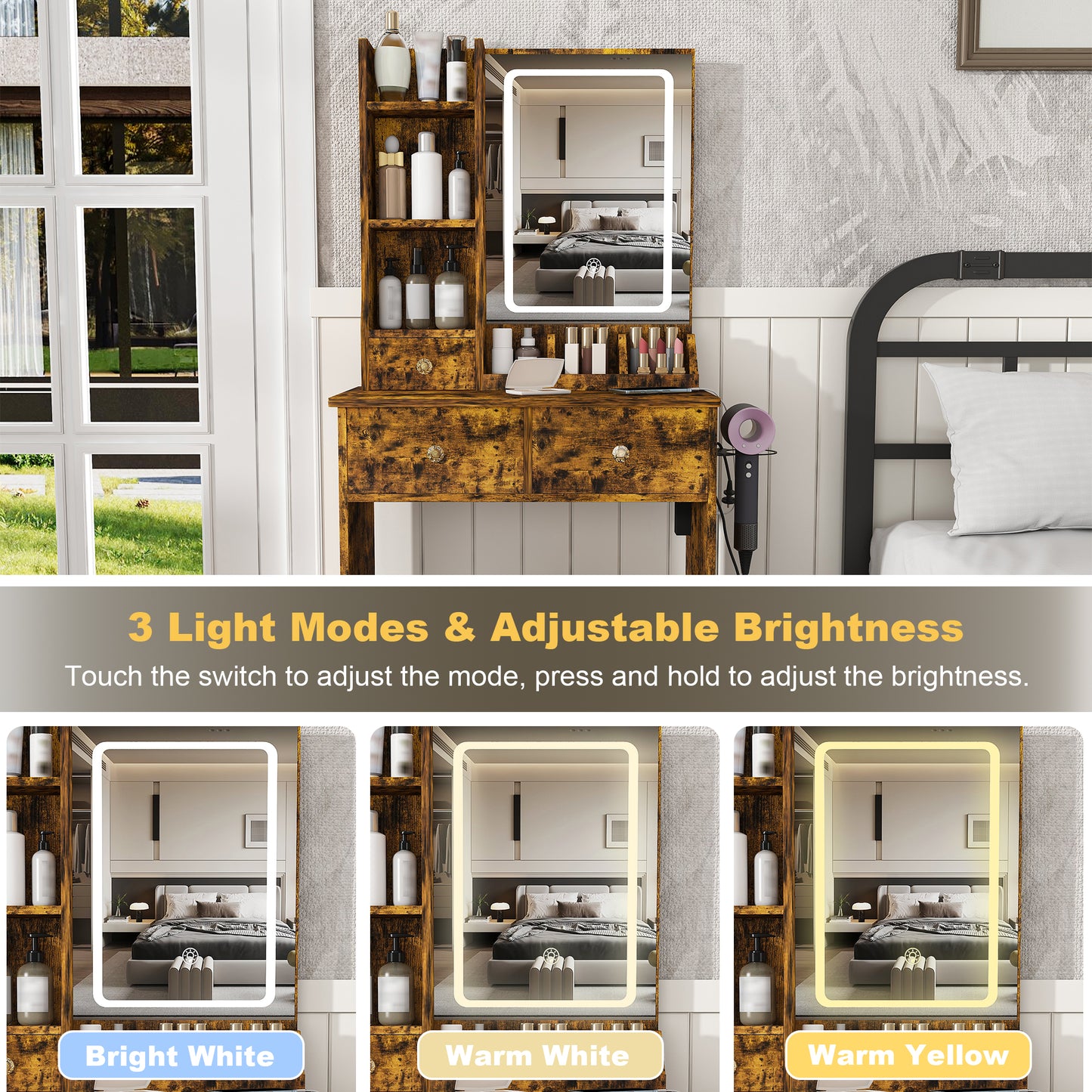 Modern Small Vanity Desk Featuring 3 Modes Of LED Lighting With Adjustable Brightness 3 Drawers And Multiple Open Storage Shelves A Hair Dryer Holder And Power Socket And A Dressing Chair. Brown