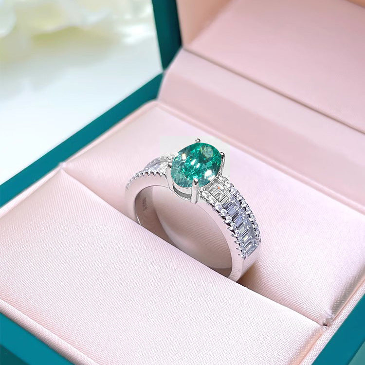 Fashion Light Luxury Oval Ice Flower Cut Paraiba Tourmaline Ring For Women, Inlaid High Carbon Diamond, Simple Elegant Daily Versatile Finger Jewelry