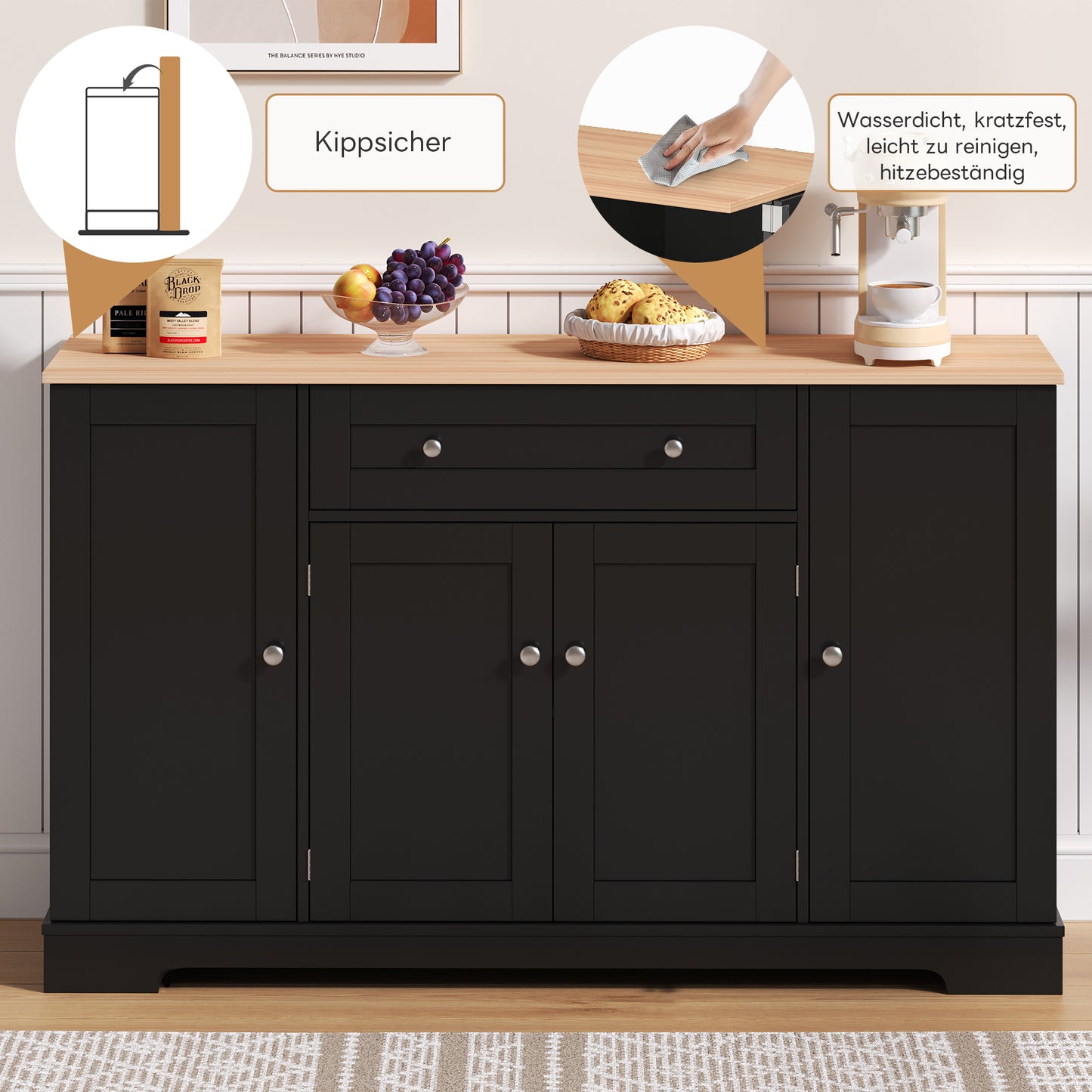 Multifunctional Kitchen Buffet 138 Cm Sideboard With Drawer, Shelf Doors & Adjustable Shelves Modern Design With Anti-tilt Protection, Ideal For Kitchen, Living Room & Bedroom