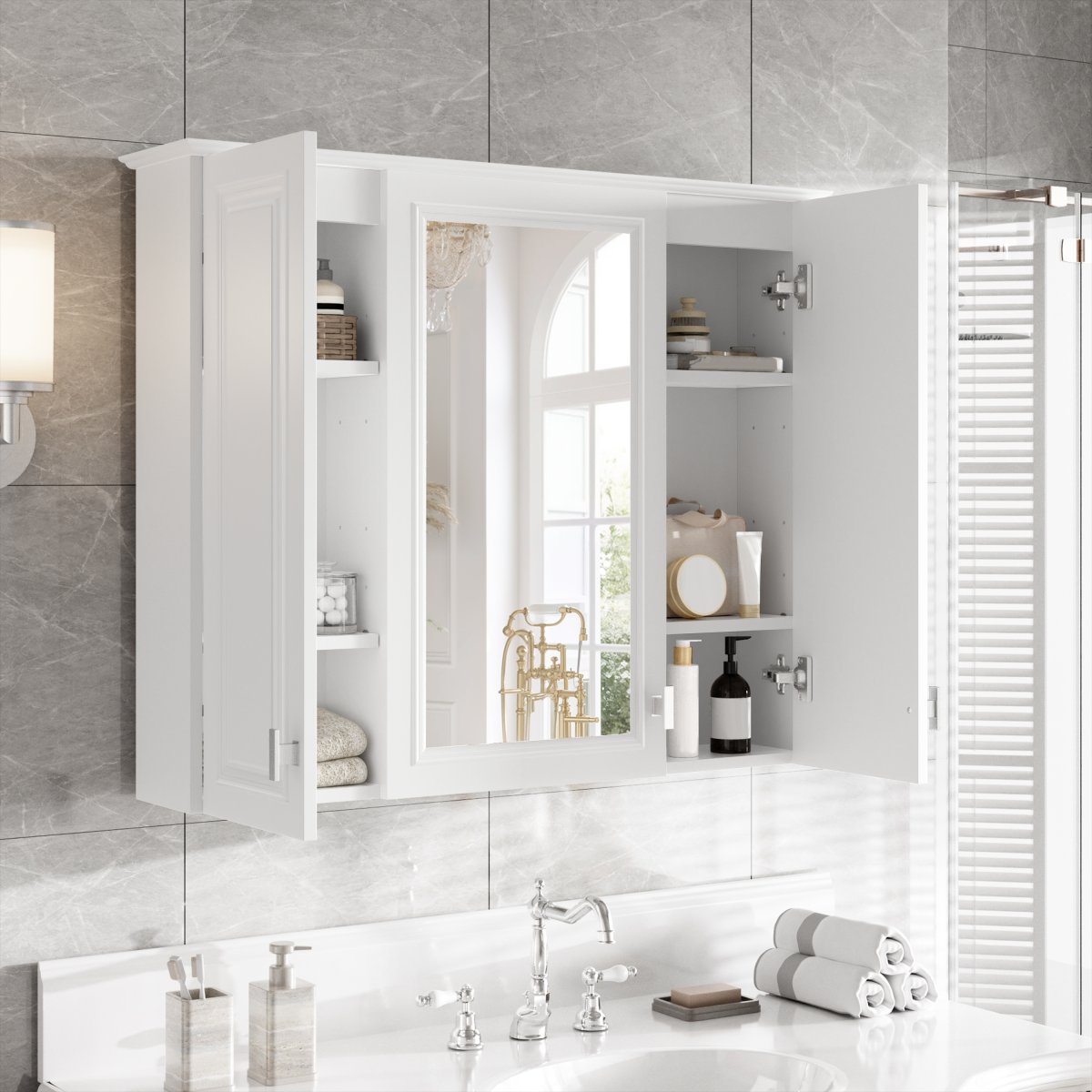 35 inch 2-in-1 Bathroom Wall Cabinet, Wall Mounted Medicine Cabinet with 5 Adjustable Shelves, Mirrored Door Over Toilet Storage Cabinet, White