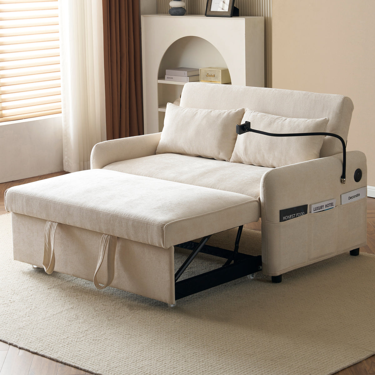 Modern Double Folding Sofa Bed, Multifunction Sofa With Sleeping Function, Adjustable Backrest, Mobile Phone Holder, USB Charging Port, Suitable For Living Room, Bedroom, Home Theater Apartment