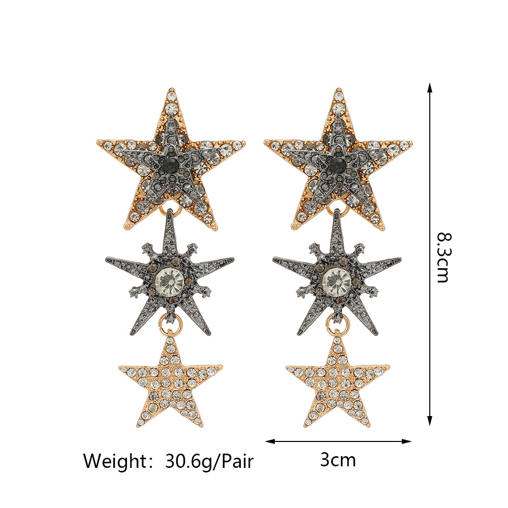 Shiny Rhinestone Three Layer Star Long Drop Earrings For Women Vintage Elegant Party Prom Jewelry Accessories