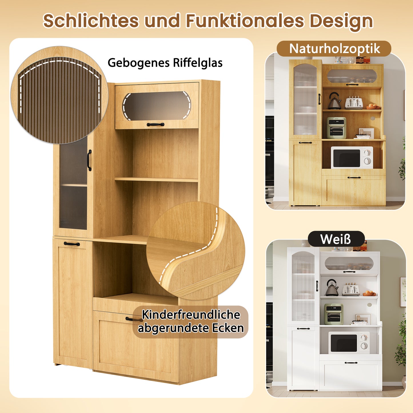Highboard With Adjustable Shelves And Drawers, Kitchen Cabinet With Pull-out Shelves And Checker Glass, Ideal For Dining Room, Living Room And Kitchen Natural