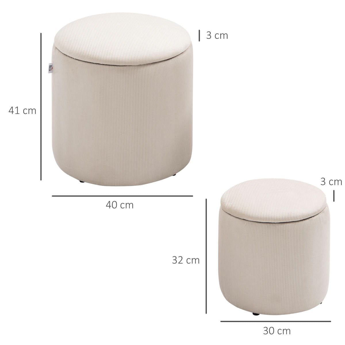 Set Of 2 Round Ottoman With Storage, Fabric Vanity Stool For Makeup, Footrest Stool With Removable Lid For Living Room & Bedroom, Cream White