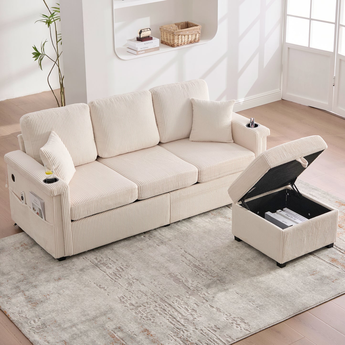 High-quality Velvet Sofa With LED Lighting & USB-C Port, Including Storage Footboard, Practical Cup Holders And Side Pockets Premium Quality For The Living Room, Bedroom Or Office.