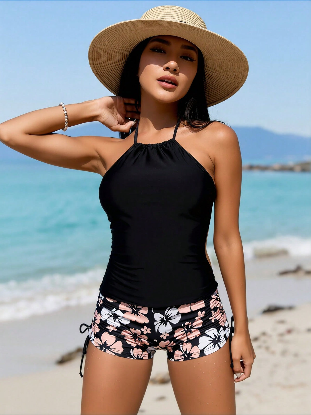 2026 New Fashion Swimsuit Women's Black Halter Tankini Top With Floral Print Drawstring Boyshort Bottom Set For Beach Vacation, Slim & Tummy Control
