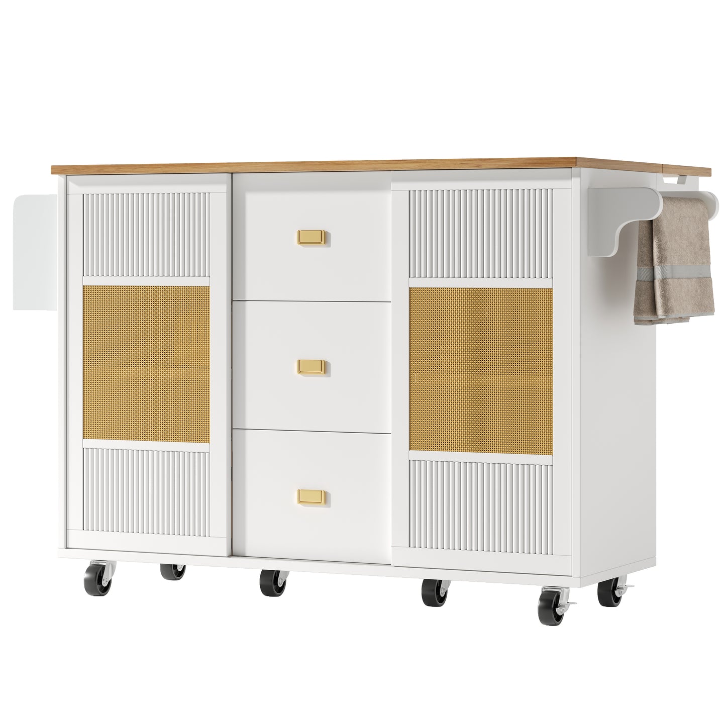 Kitchen Island, Kitchen Furniture, Kitchen Cabinet Kitchen Island Freestanding, Buffet Cabinet, 120x73 X90cm, Extendable Kitchen Trolley With Wheels, Towel Rail, Spice Rack, Adjustable Shelves, Whi