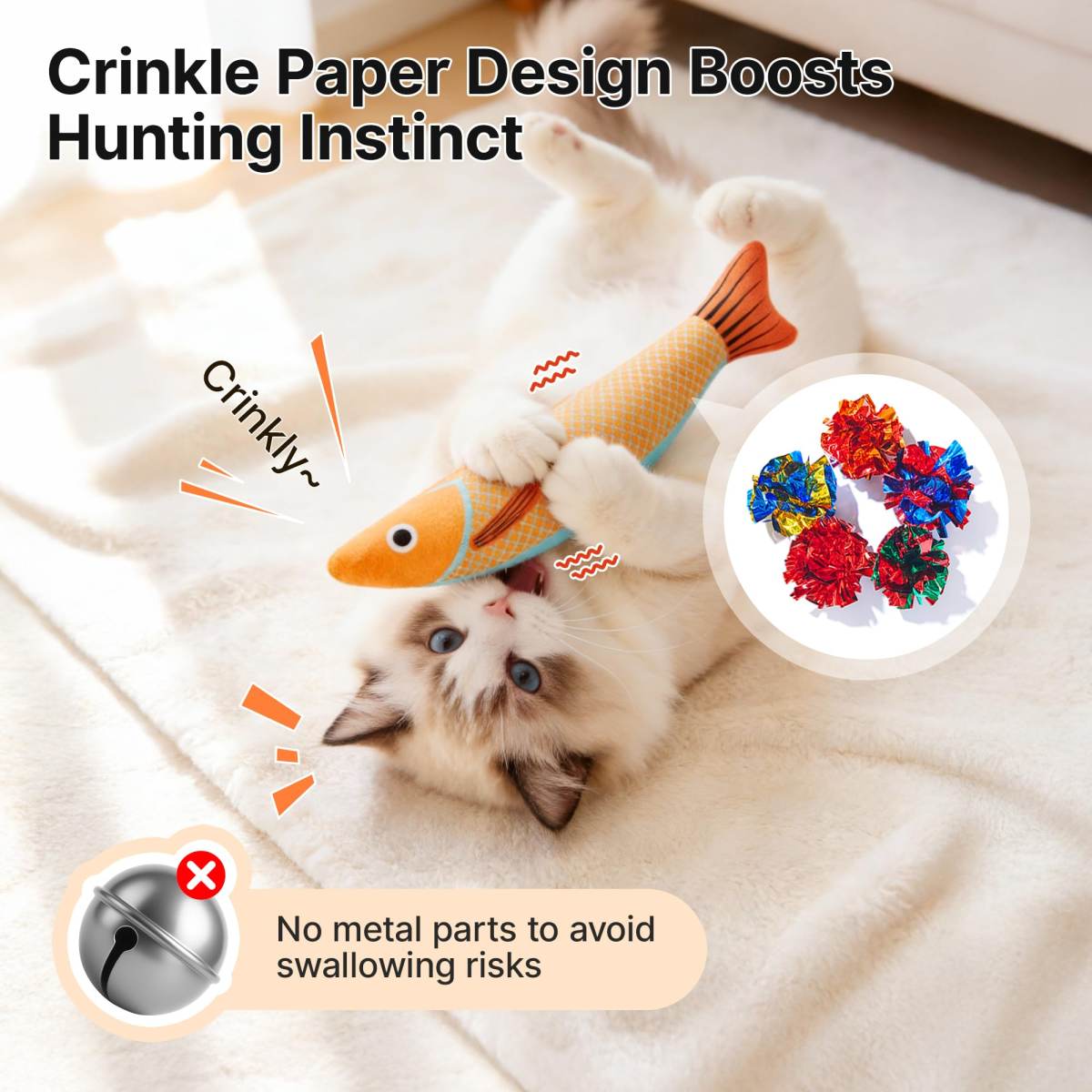 Cat Toys Saury Fish, 3 Pack, Catnip Crinkle Sound, Soft And Durable, Interactive Kitten Kicker For Indoor Kitty Exercise For All Breeds