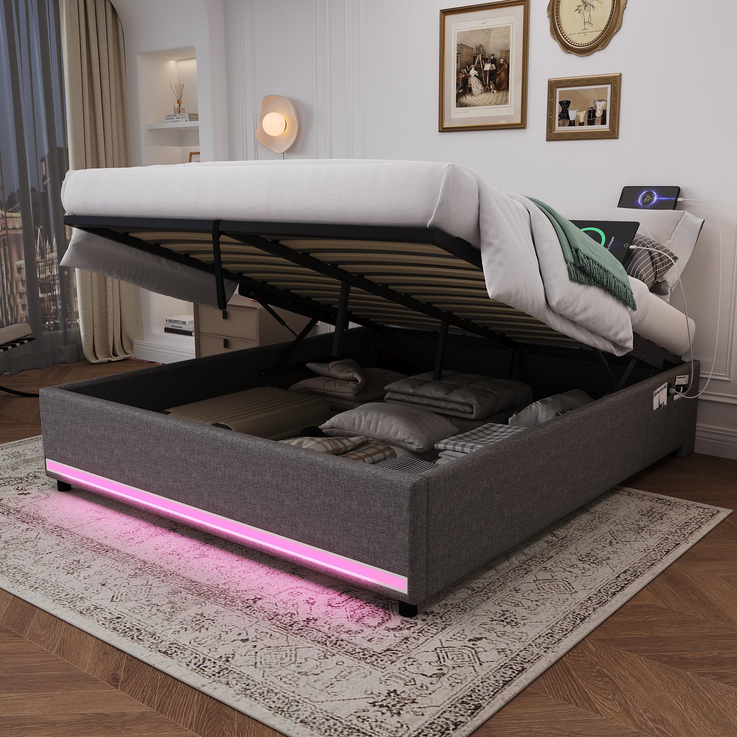 5ft King Hydraulic Storage Bed, No Headboard Linen Bed Frame With APP Control LED Lights, Side Charging Station, Side Pockets, Grey No Mattress