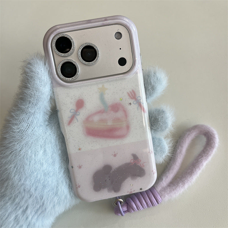 Korean-style Glittery Knife Fork And Cake Pattern Dog Phone Case