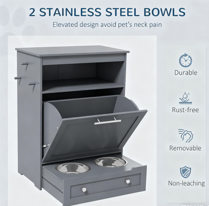 Pet Feeder Station Storage Cabinet, With Dog Raised Bowls, Gray