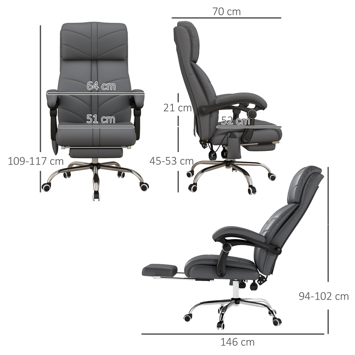 Vinsetto High Back Vibration Massage Office Chair, Heated Reclining PU Leather Computer Chair With Footrest, Grey