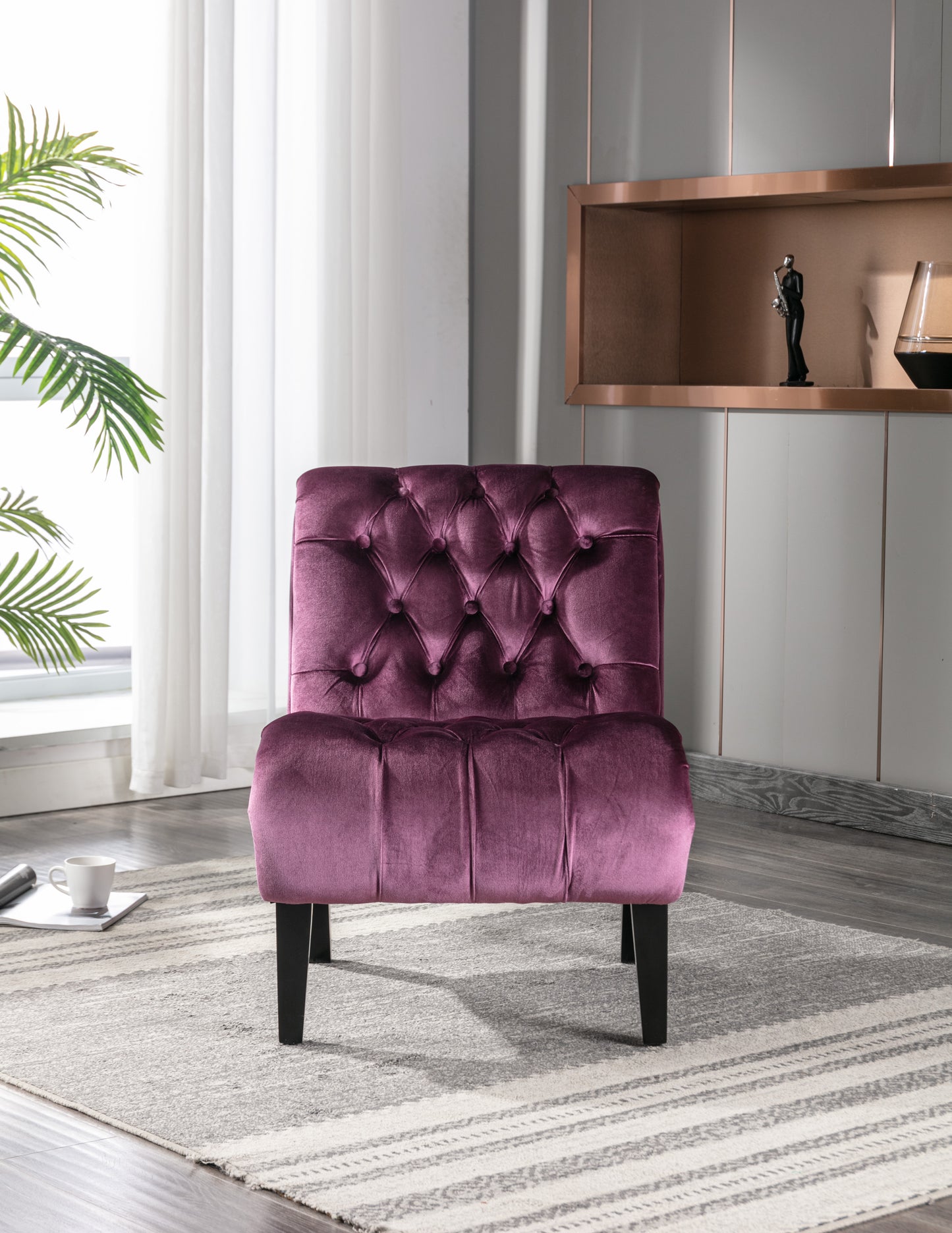 COOLMORE Modern Velvet Armless Accent Living Room Chair Leisure Chair,Upholstered Fabric Button Comfortable Chair With Wooden Legs For Bedroom, Living Room, Office Purple Velvet
