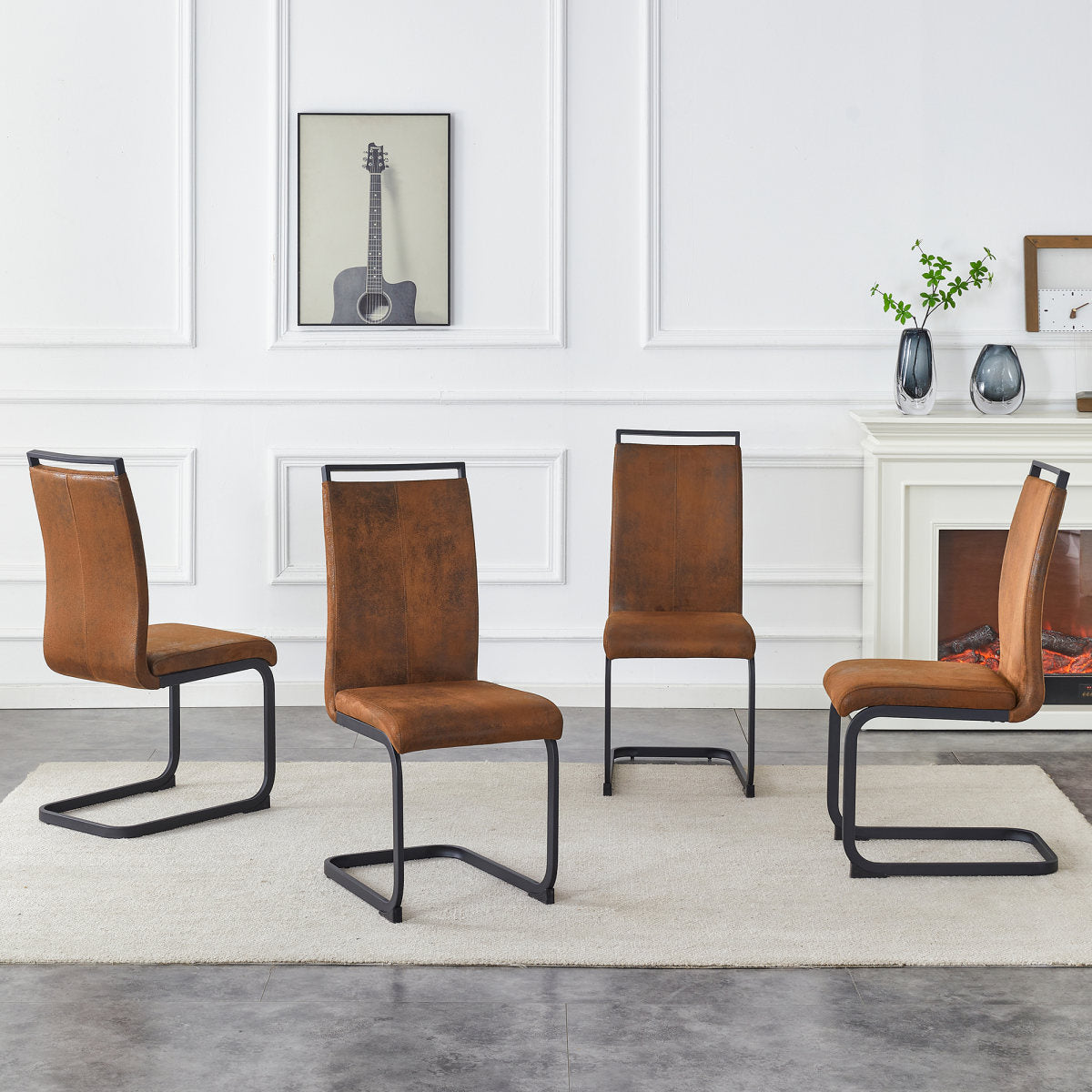 Set Of 4 Vintage Brown Tech Fabric Dining Chairs 39.3in High, 20.4in Ergonomic Backrest, 17in Deep Seat, Ideal For Dining Room, Cafe & Leisure Area, Stylish & Comfortable