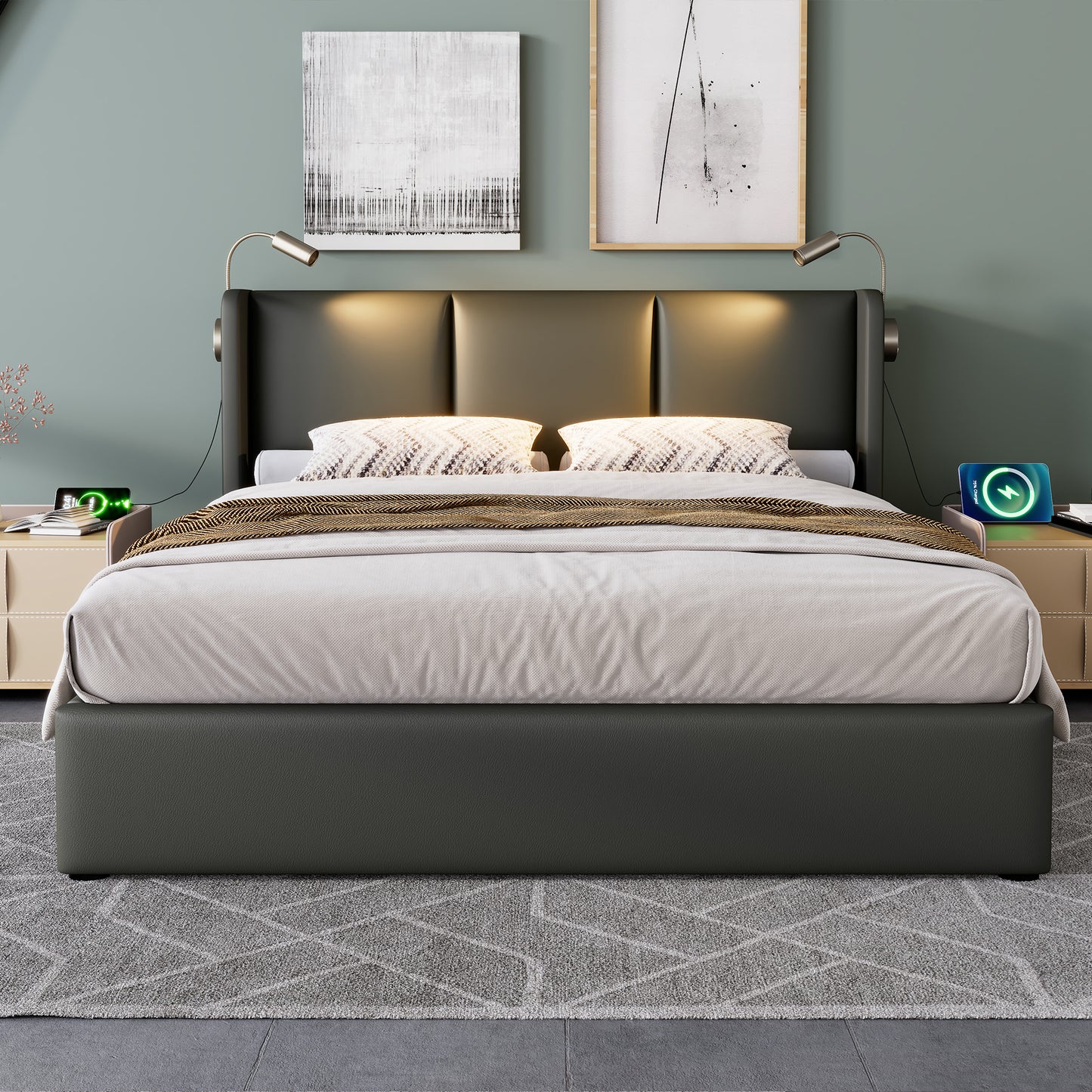 Upholstered Bed, Double Bed, Storage Box, Reading Light With Charging Function, Headboard, Storage Beds, Bed Frame, PU Youth Bed 160x200 With Slatted Base Without Mattress