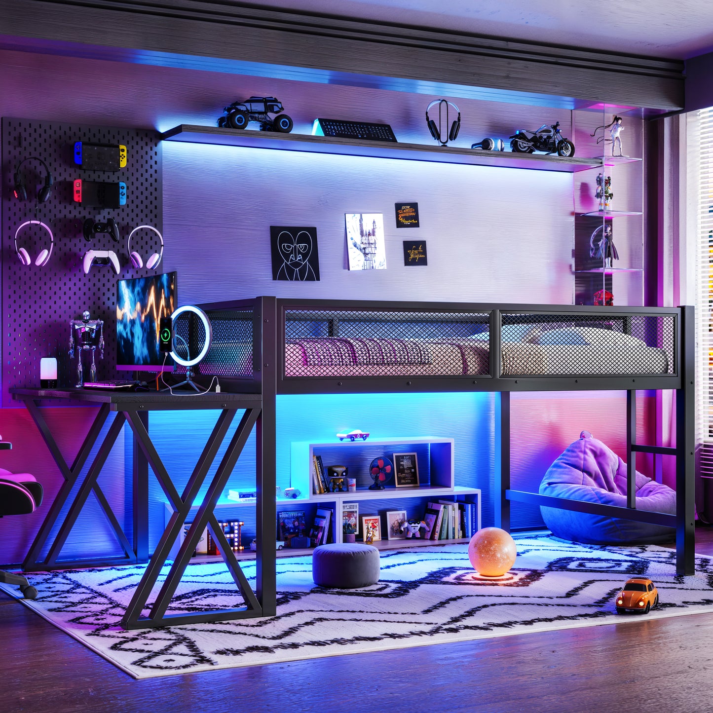 Full Size Gaming Loft Bed With Desk Of X-shaped Leg ,LED Lights, USB Ports, Staircase & Mesh Guardrail - Black Metal Frame, Space-Saving Elevated Bed For Dorms, Bedrooms, & Gaming Setups