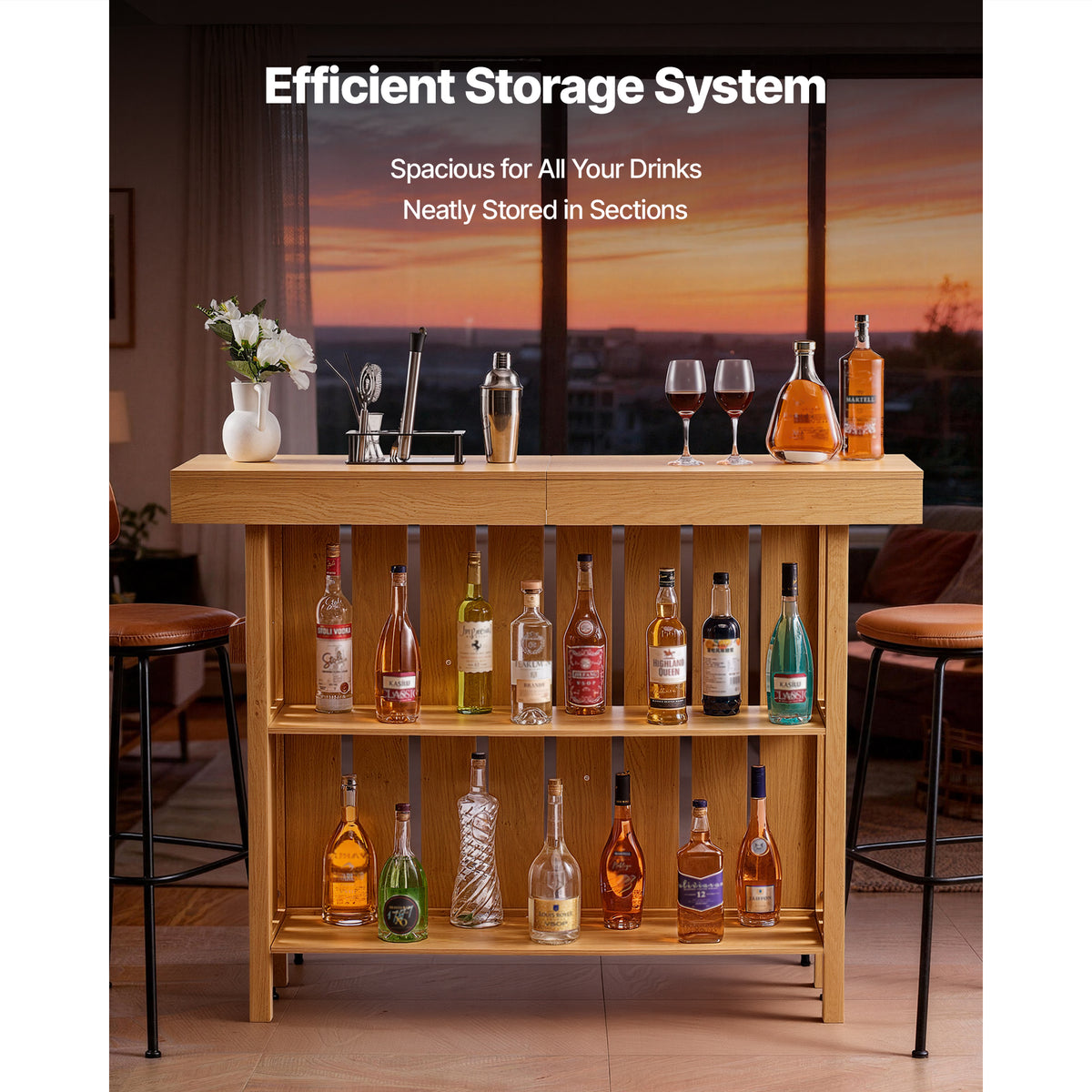 Home Bar Unit, Wine Bar Cabinet Table 3-Tier With Storage Shelves, Opener Storage Box & Adjustable Foot Pads, Black Footrest, Wood & Metal Liquor Cabinet For Home, Basement, Kitchen, Living Room