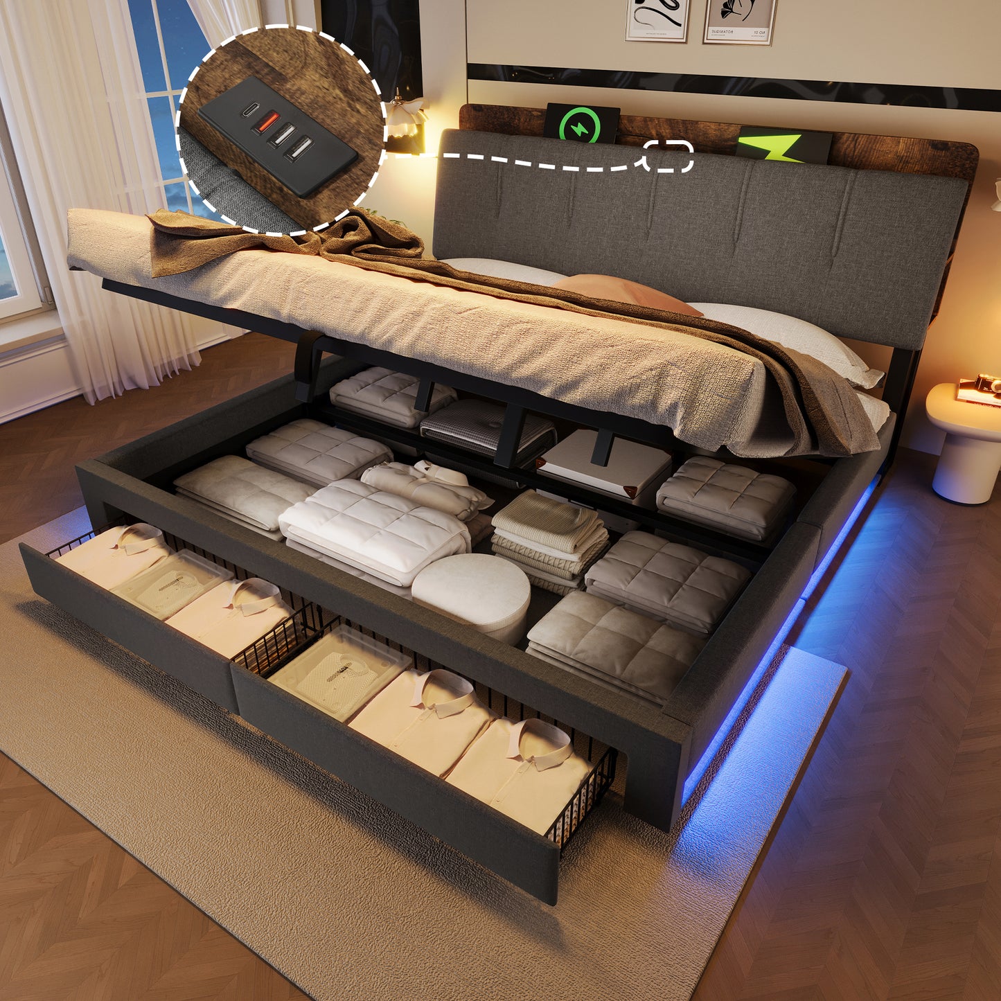 Upholstered Bed, 180x200 Cm, Hydraulic Storage, With USB Type-C Charging Function, Without Mattress, Multifunctional Storage, LED Lighting, Pushbutton Appdien, Linen, Grey