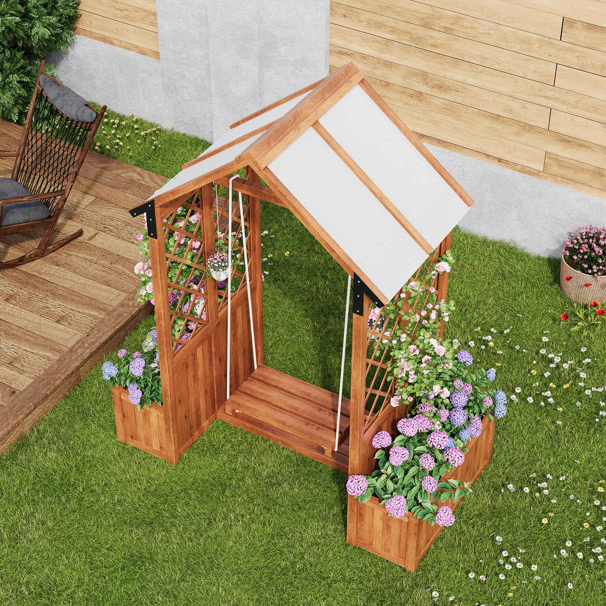 Planter, Outdoor Swing, Planter With Trellis As A Climbing Aid, With Polycarbonate Sun Canopy. Planter Planter, Brown Solid Wood, Suitable For Garden, Yard And Patio