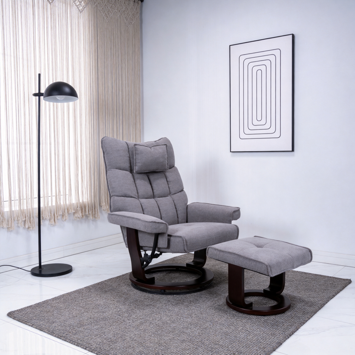 8-Point Massage Recliner with Ottoman, Heated Chenille Fabric Reclining Chair, Bent Wood Base, Indoor Lounge TV Chair with Footrest for Living Room and Bedroom, Grey