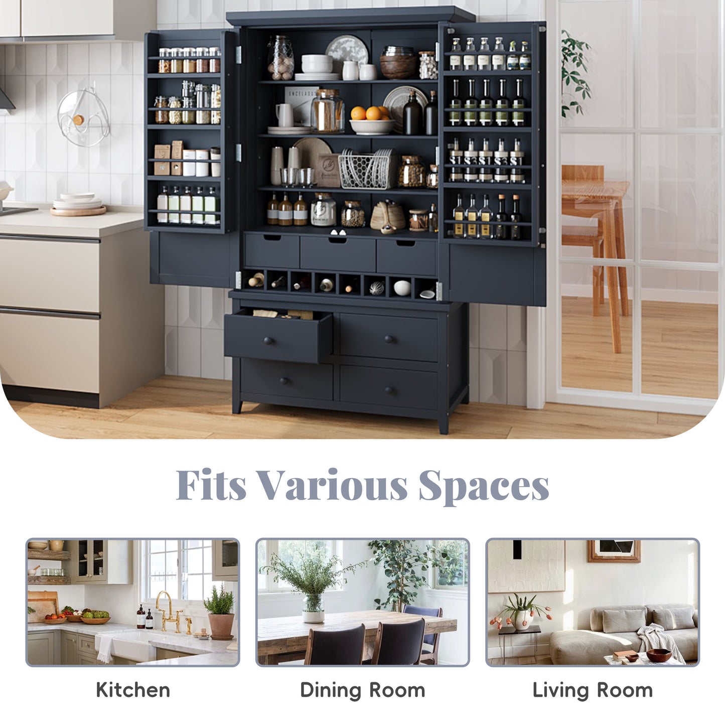 Assembly&Show Video Available TOPMAx Freestanding Large Kitchen Pantry Wooden Kitchen Storage Cabinet Cupboard With 8 Door Shelves 3 Adjustable Shelves 7 Drawers& 8 Wine Racks Gray