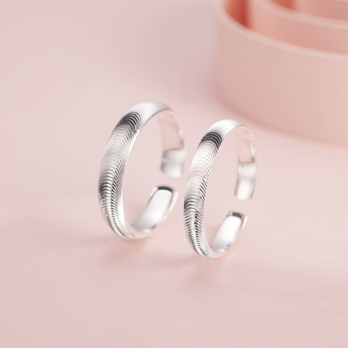 999 Fine Silver Cat Eye Brushed Ring Simple Plain Band Gift Jewelry 2pcs Set