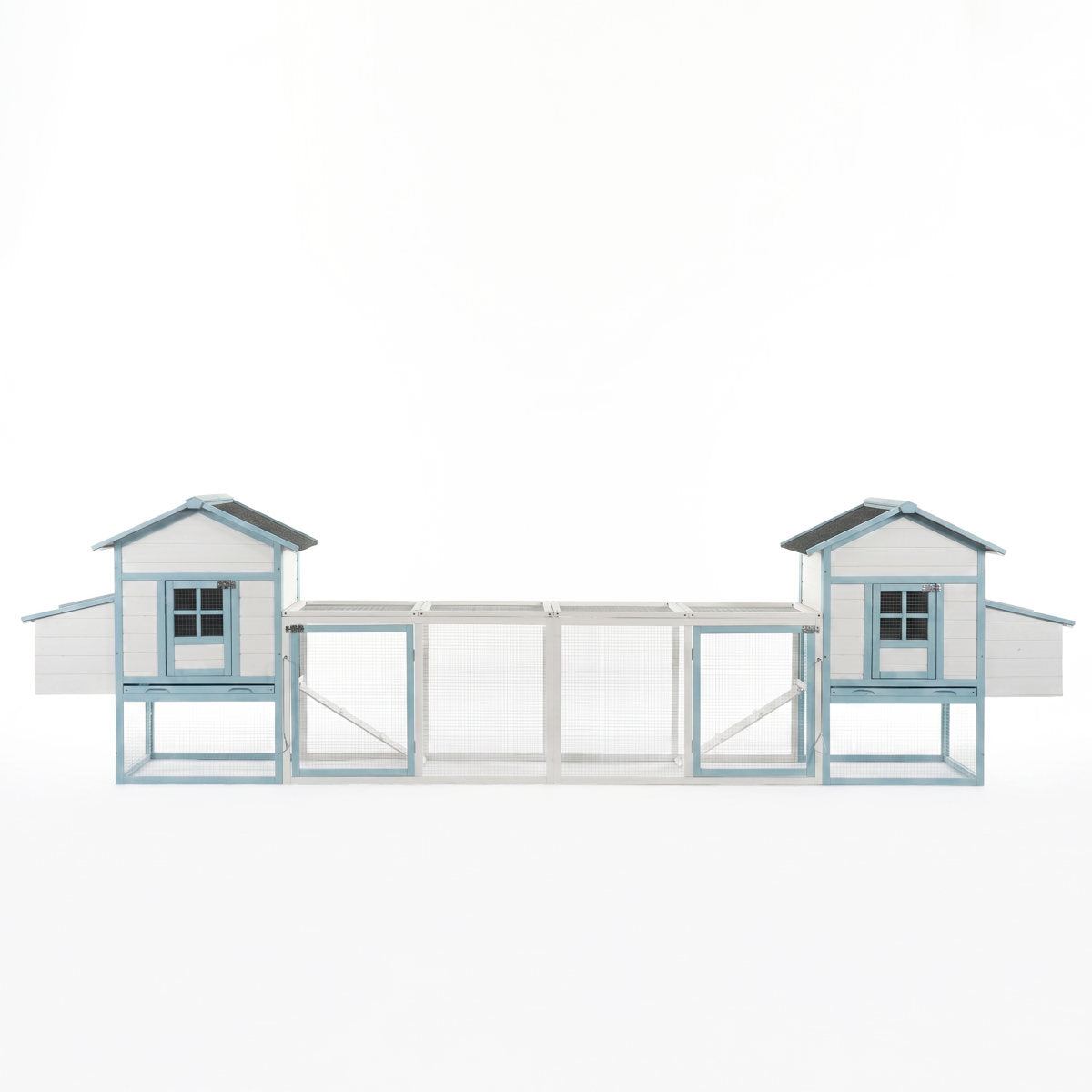 Large Wooden Chicken Coop with Double Nesting Boxes, Outdoor Walk-In Chicken Run with Waterproof Asphalt Roof, Fir Wood Poultry Cage with Pull-Out Dropping Trays, Blue & White Backyard Hen House